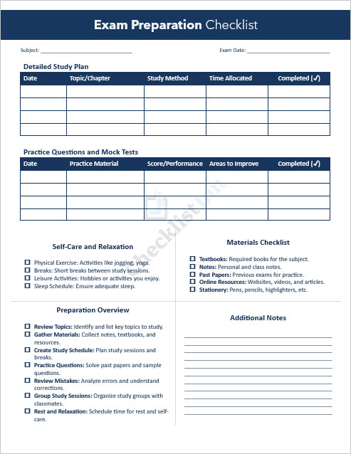 Exam Preparation Checklist Template