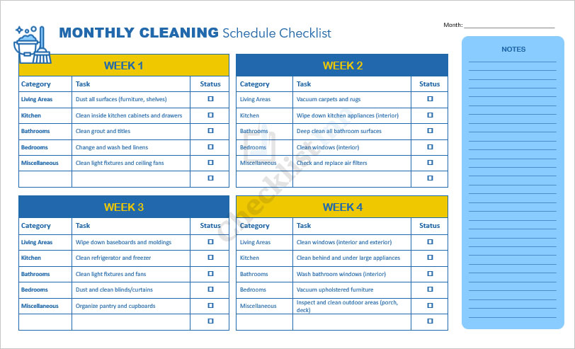 Monthly Cleaning Schedule Checklist