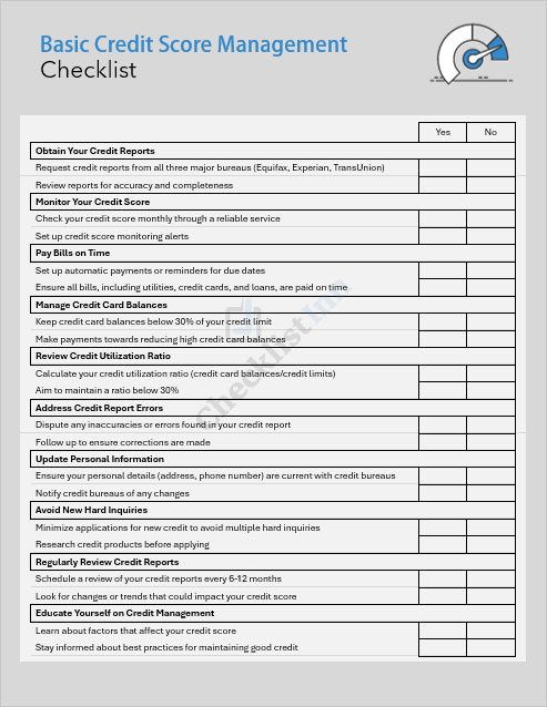 Basic Credit Score Management Checklist Template