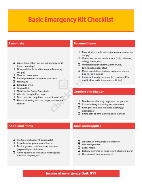 Basic Emergency Kit Checklist Template in MS Word Format