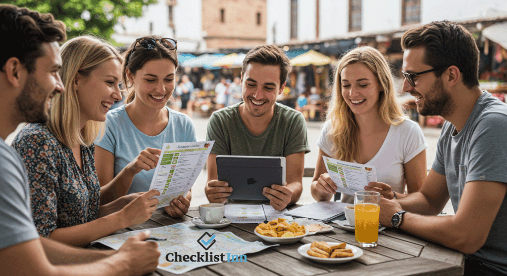 Group of travelers using a cultural checklist on a tablet and paper while planning their day at a café near a historic site.
