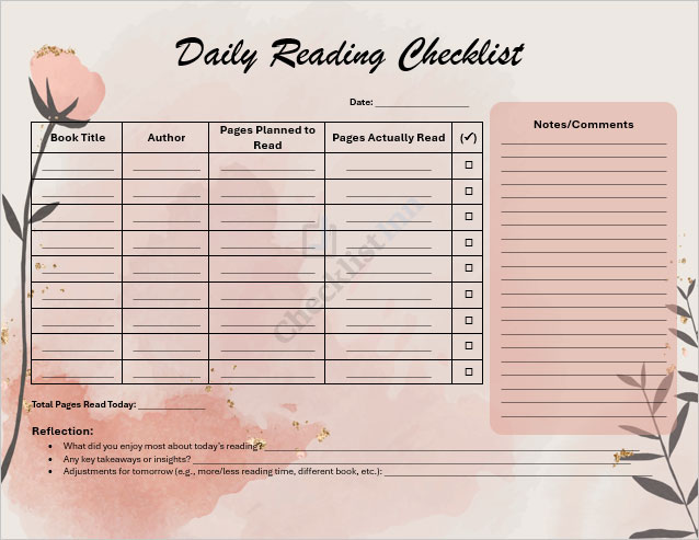 Daily Reading Checklist Template
