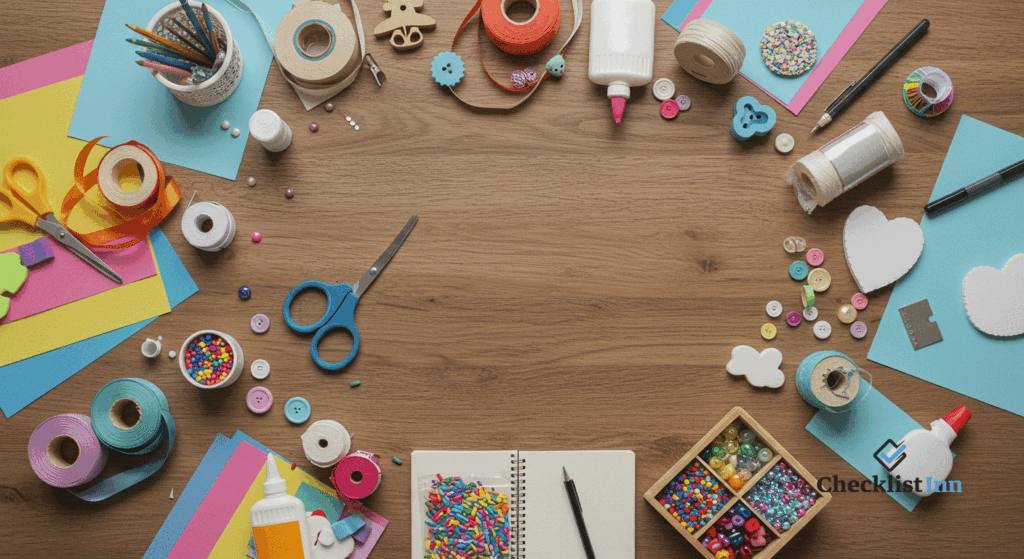 Overhead view of a table with colorful DIY craft supplies and small projects