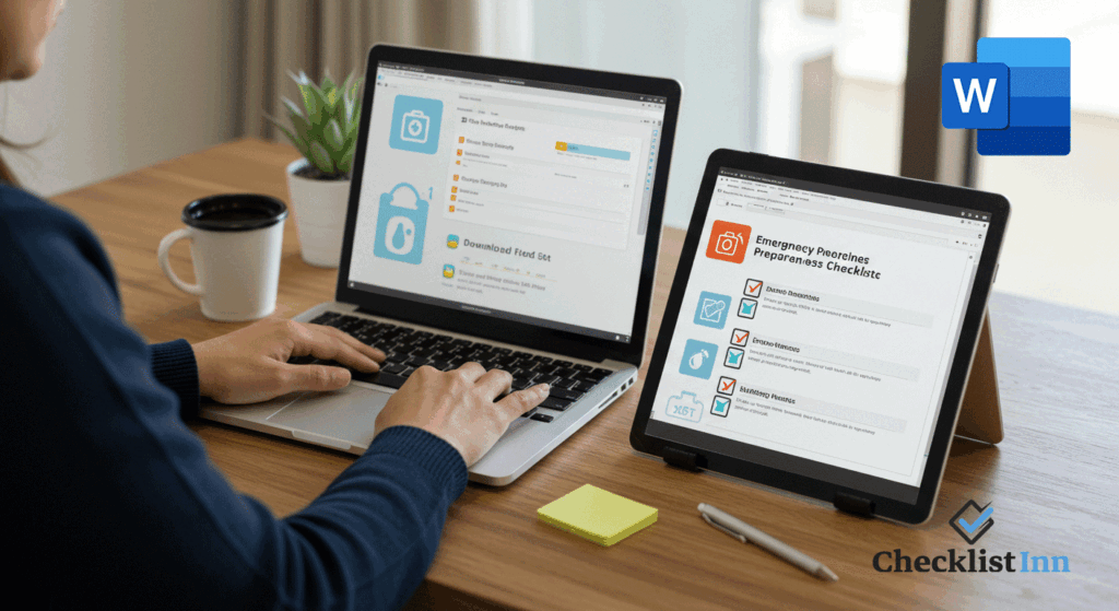 Person downloading and customizing free emergency preparedness checklists on a laptop and tablet with icons of first aid kits, water, and emergency supplies.