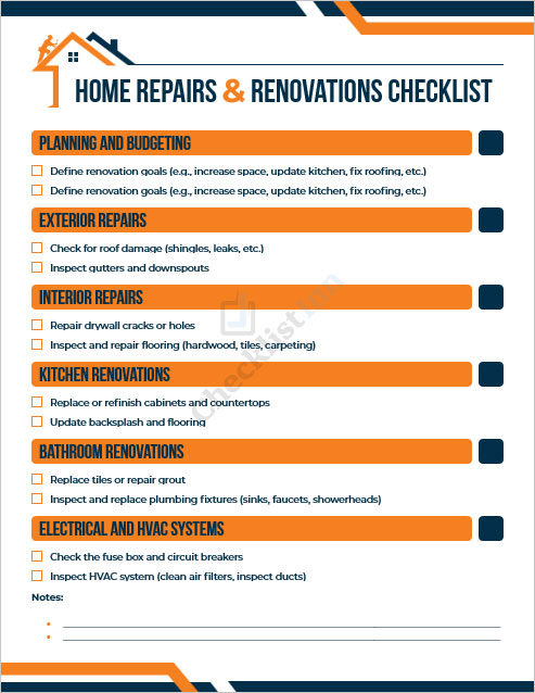 Home Repairs and Renovations Checklist Template