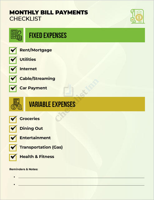 Monthly Bill Payments Checklist Template