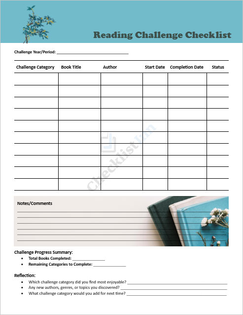 Reading Challenge Checklist Template