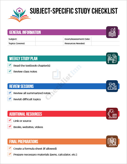 Subject-Specific Study Checklist Template