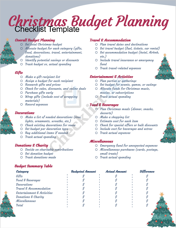Cover page of the Christmas Budget Planning Checklist Template in Microsoft Word showing festive holiday theme and budget planning layout.