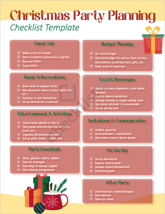 Festive red and yellow cover design of the Christmas Party Planning Checklist Template showing a holiday theme with decorations and title text.