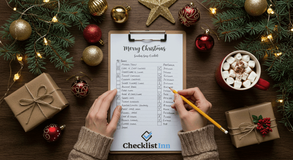 Person holding a Christmas checklist at a decorated holiday table, ready to plan for the festive season.