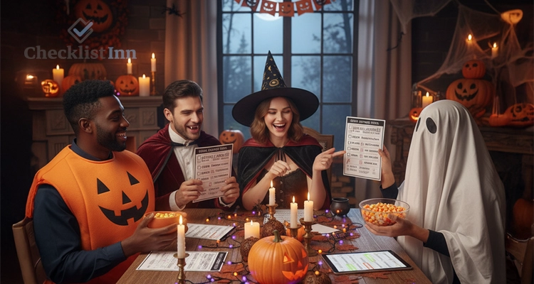 Group of friends in Halloween costumes using printable Halloween checklist templates at a festive table decorated with pumpkins, candles, and candy.