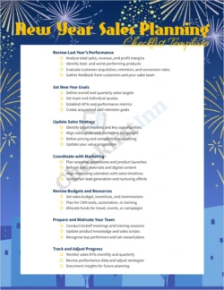 New Year Sales Planning Checklist Template cover page with calendar laptop and sales documents on desk
