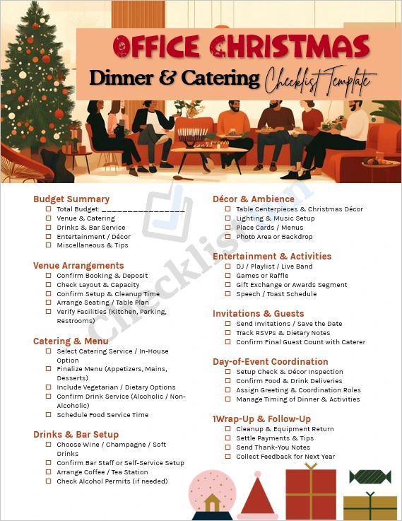Office Christmas Dinner and Catering Checklist Template cover page showing elegant holiday design and event planning theme