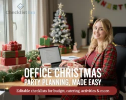 Office desk with Christmas decorations and a printable checklist template on laptop for office party planning.