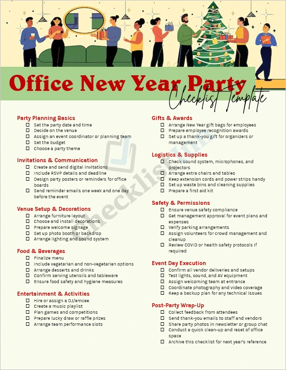 Office New Year Party Checklist Template cover page showing festive design and organized layout