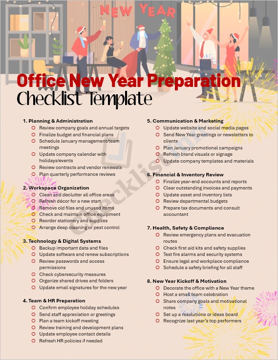 Office New Year Preparation Checklist Template cover page showing a professional business workspace setup for the new year