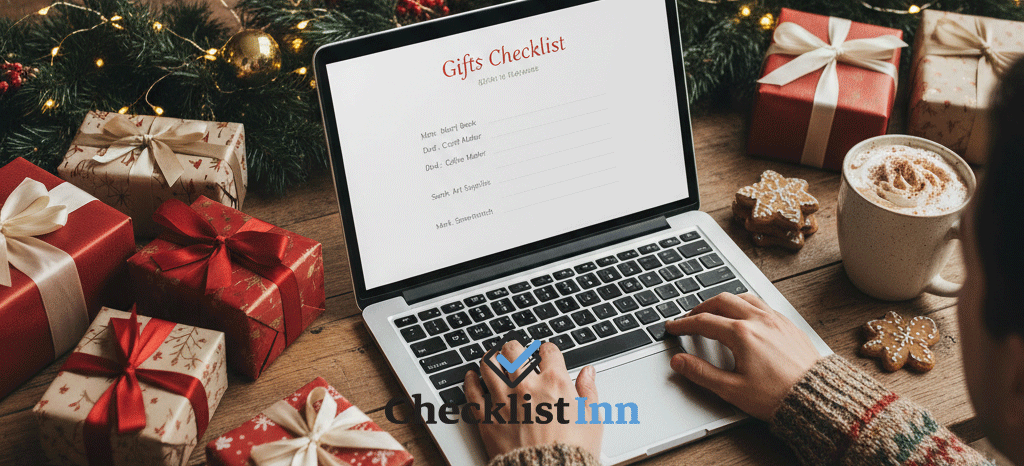 Christmas gift checklist with presents and decorations on a wooden table