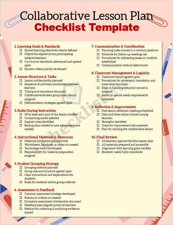 Collaborative lesson plan checklist template cover page showing organized layout and professional design