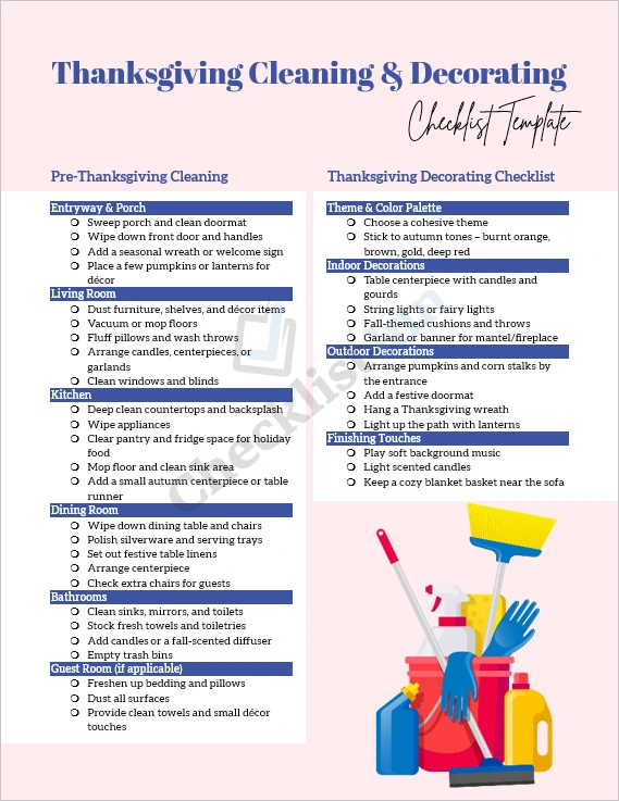 Thanksgiving Cleaning and Decorating Checklist Template cover page showing festive design and organized sections