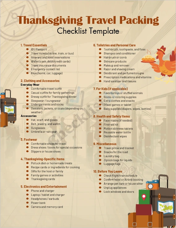Thanksgiving travel packing checklist cover page with suitcase clothes and holiday essentials