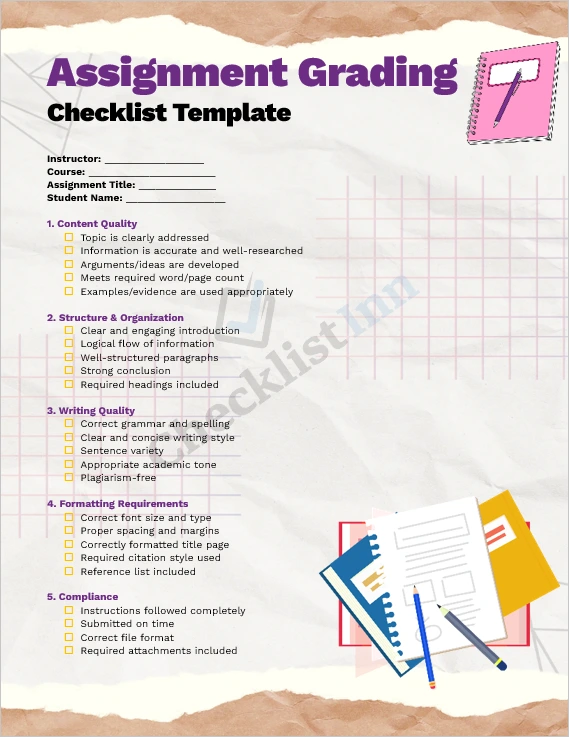 Assignment Grading Checklist Template Cover Page in MS Word Format