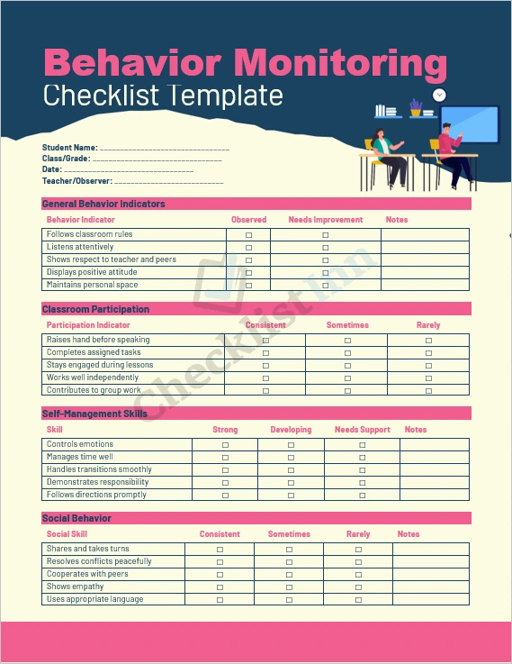 Behavior Monitoring Checklist Template cover page in MS Word
