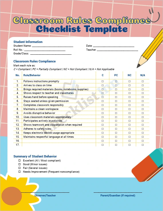 Classroom Rules Compliance Checklist cover page template for teachers