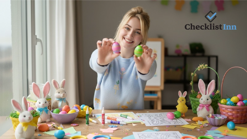 Woman preparing Easter games and kids’ activity materials with a checklist