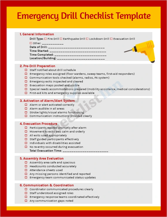 Emergency Drill Checklist Template cover page showing a clean professional layout