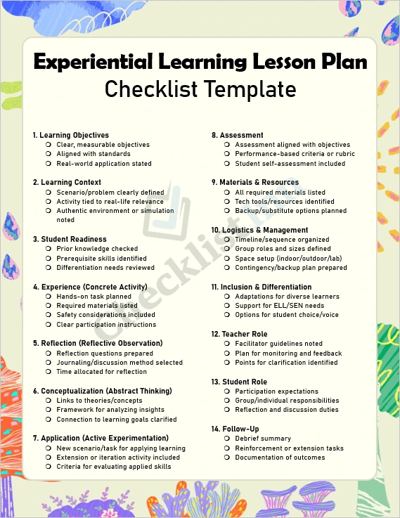 Experiential Learning Lesson Plan Checklist template cover page in a clean and professional layout