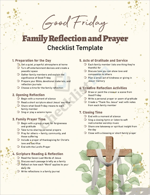 Good Friday family reflection and prayer checklist cover page showing elegant Christian theme design with cross and candles