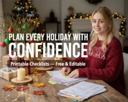 Woman planning holiday tasks with checklists, gifts, and festive decorations on a desk