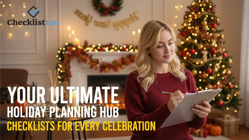 Smiling woman organizing holiday plans with festive decorations and checklists