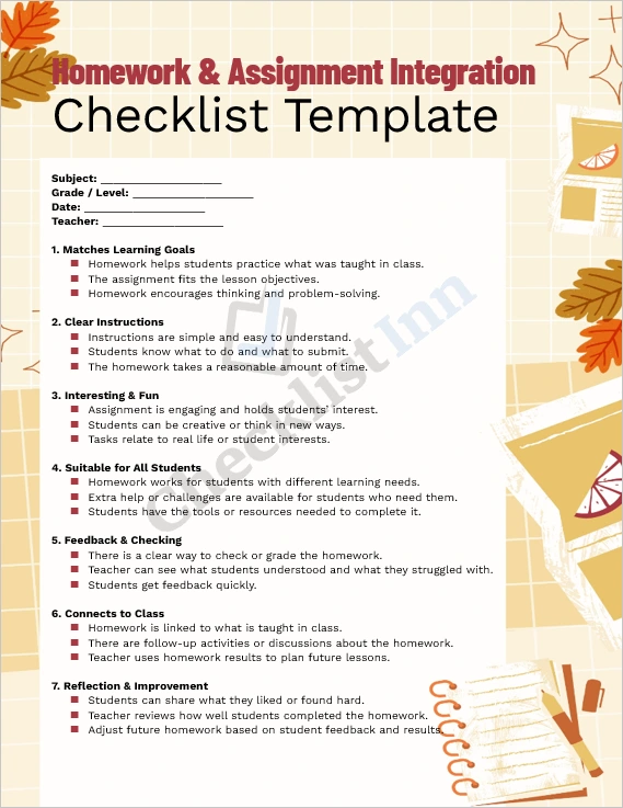 Homework and Assignment Integration Checklist Cover Page