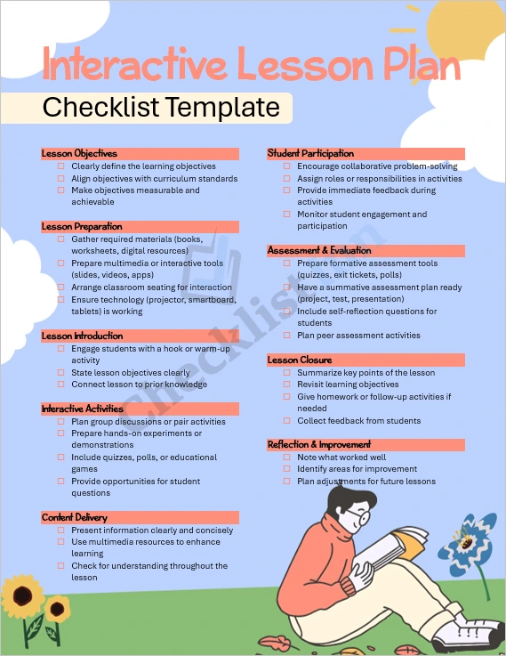 Interactive Lesson Plan Checklist Template cover page in MS Word format showing professional layout for teachers