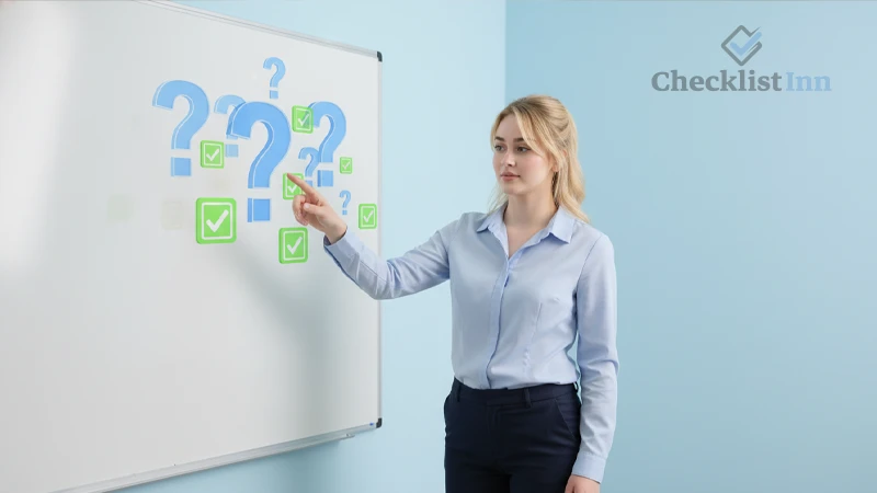 Teacher pointing to question marks and checklist icons