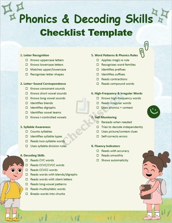 Phonics and Decoding Skills Checklist cover page for printable reading assessment