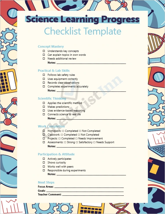 Science Learning Progress Checklist cover page showing a colorful header and student information fields