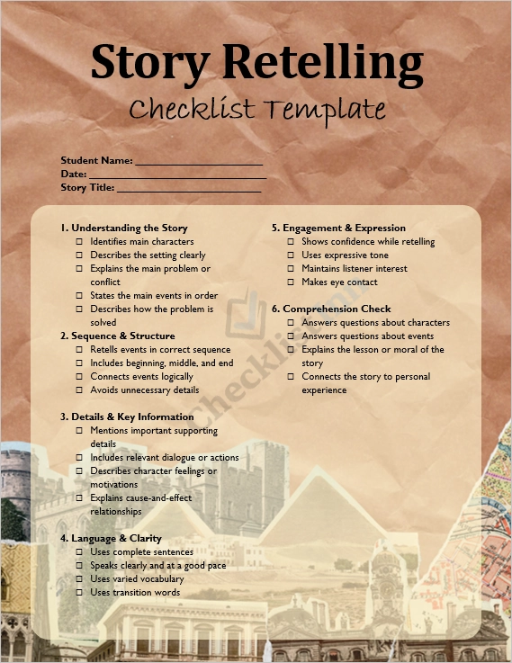 Story Retelling Checklist cover page with clean layout and reading themed design