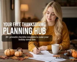 Smiling woman checking off a Thanksgiving planning checklist at a cozy table with pumpkins, candles, and fall décor — featured image for free Thanksgiving checklist templates.