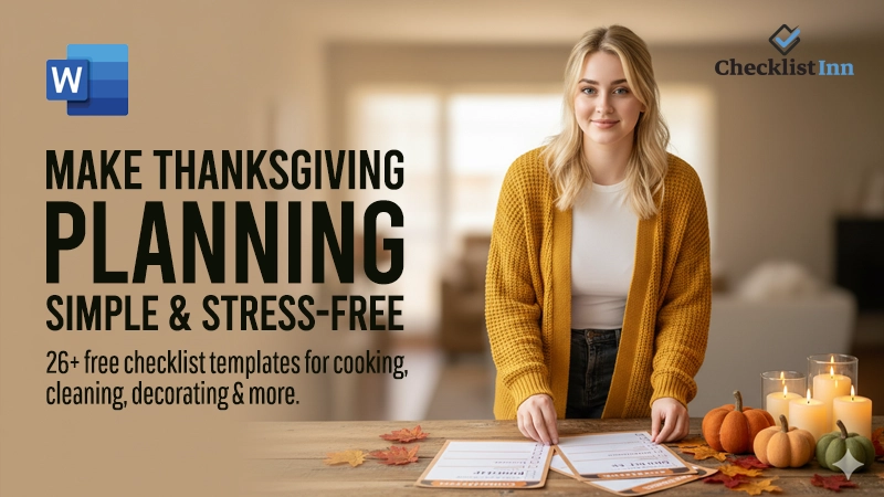 Woman organizing printed Thanksgiving checklists on a wooden table with pumpkins and candles; warm fall background — hero banner for 26+ Thanksgiving Checklist Templates.