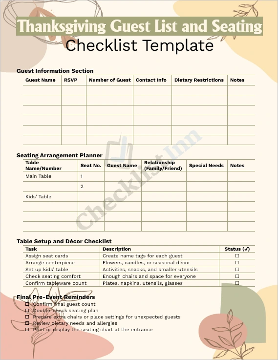 Thanksgiving guest list and seating checklist cover page with festive holiday design and table setting theme