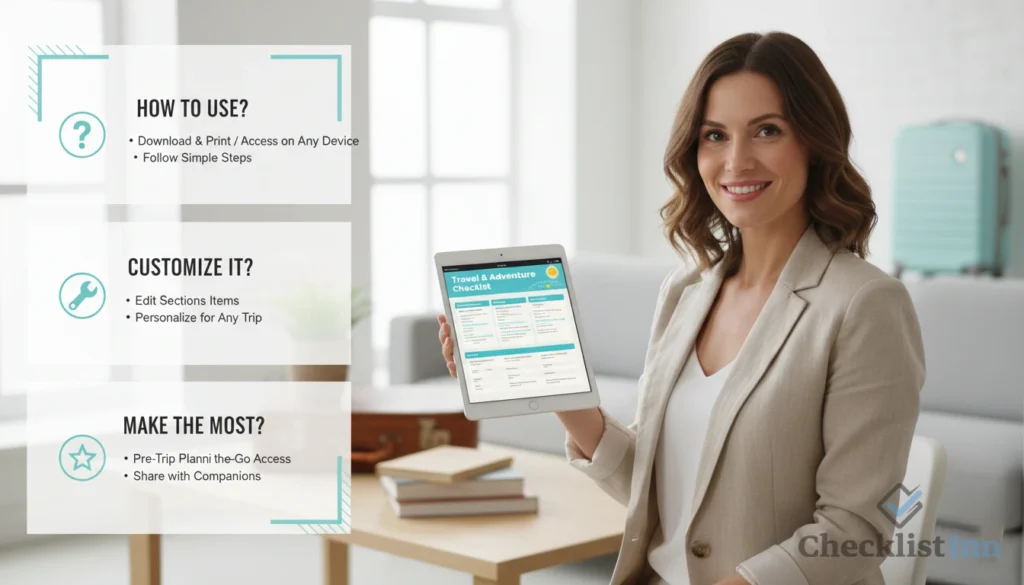 A friendly travel expert explaining frequently asked questions about the Travel & Adventure Checklist Template, with subtle icons highlighting each question, in a clean and modern style.