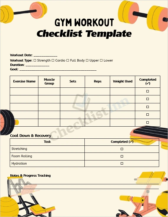 Gym workout checklist template cover page