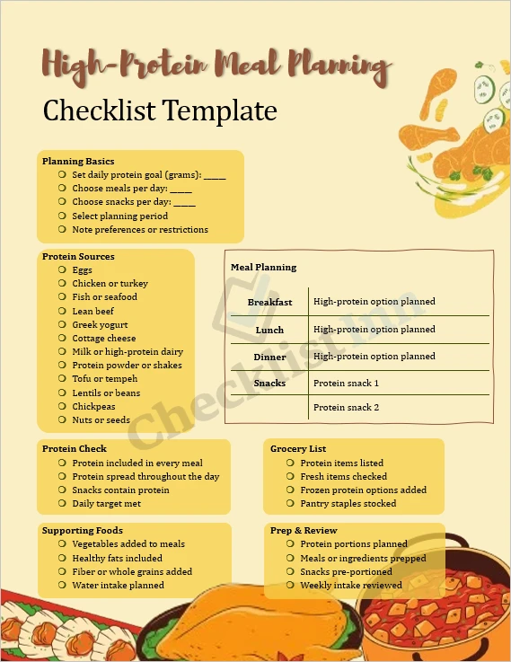 High protein meal planning checklist cover page