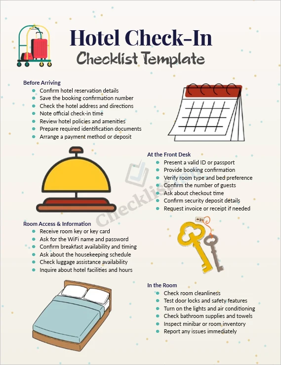 Hotel check in checklist printable travel template