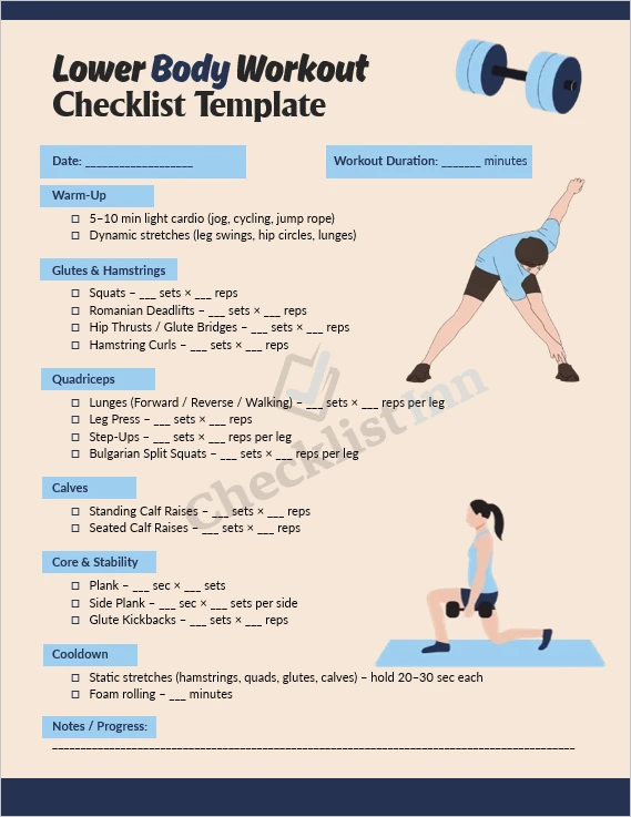 Lower body workout checklist printable template cover page