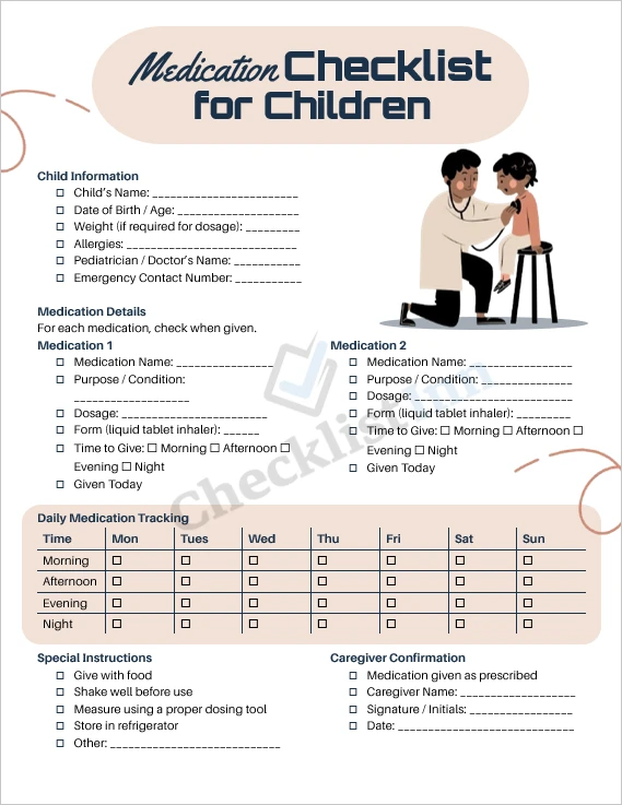 Medication checklist for children printable template cover page