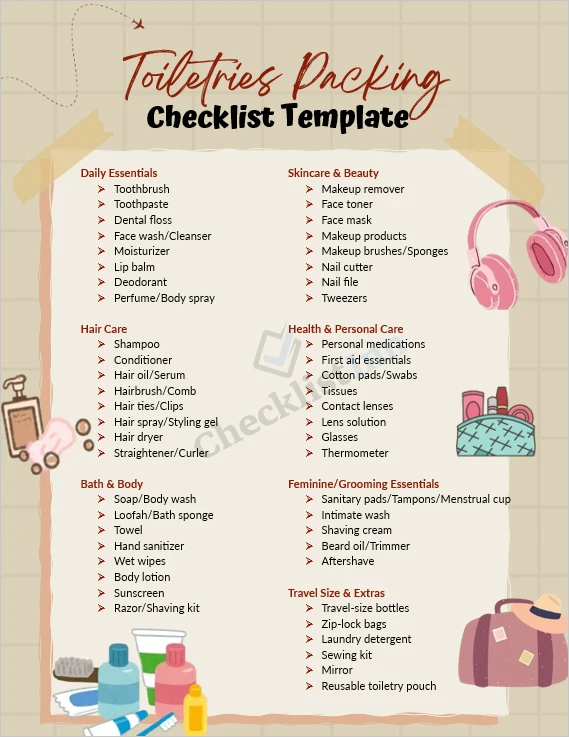 Toiletries packing checklist printable cover page for travel